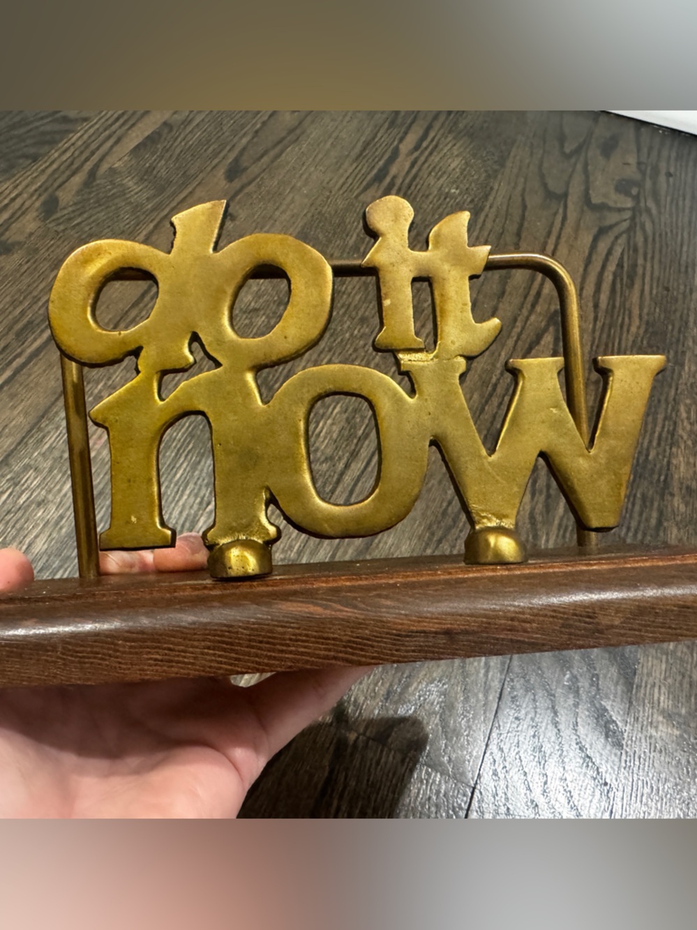 Vintage “Do It Now” Brass and Wood Letter Mail Holder Desk Organizer
